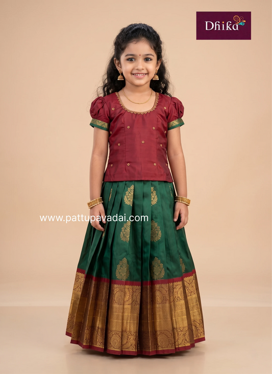 Bottle Green and Maroon Semi Kanchi Pattu Pavadai with Aari Work for Girls – Traditional Festive Wear