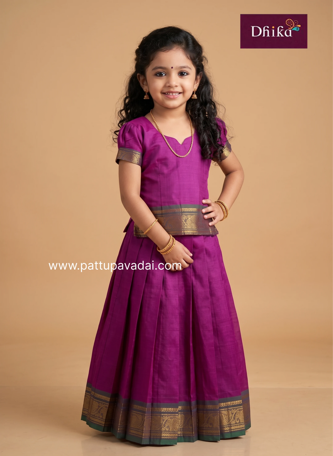 Magenta and Green Chettinadu Cotton Pattu Pavadai for Girls – Traditional Festive Wear