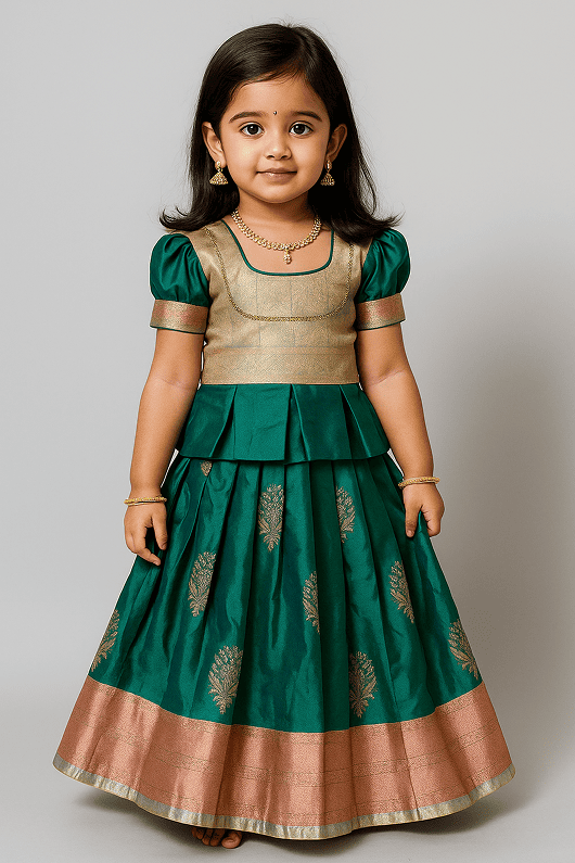 Kids Soft Silk Pattu Pavadai – Rama Green with Pastel | Traditional Dress for Girls