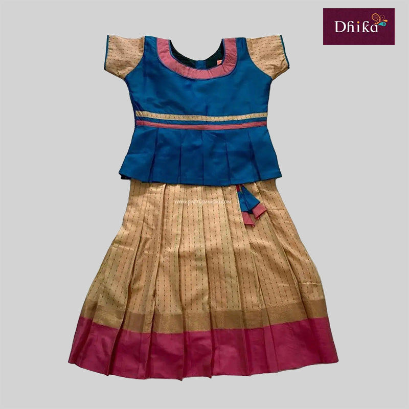 kids pattu pavadai cream peacock blue traditional silk cotton pavadai set