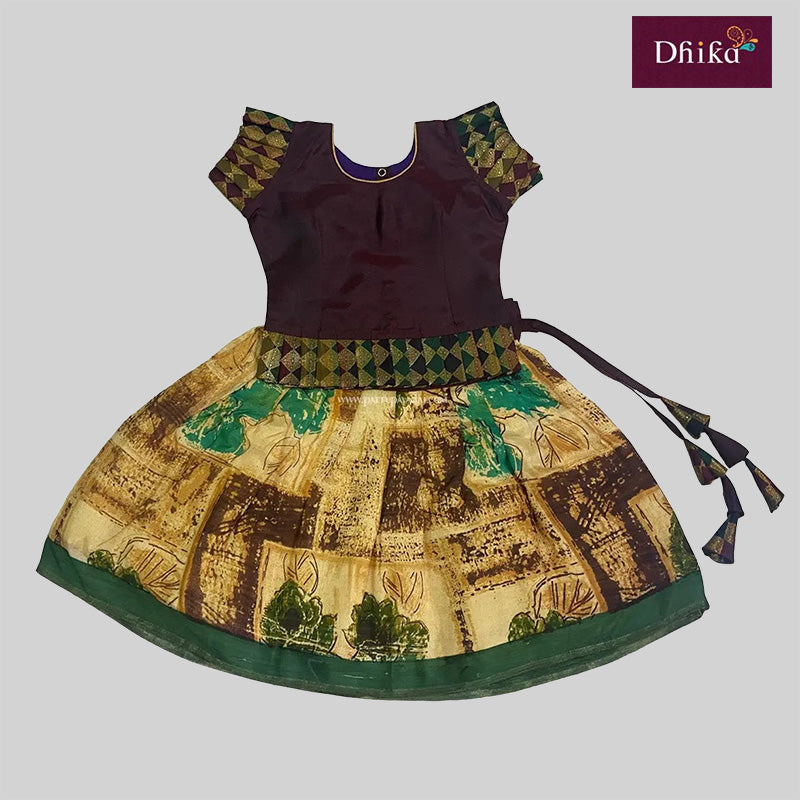 A coffee brown fancy Langa with silk cotton top and can can material skirt, adorned with frill sleeves and soft cotton attached for both skirt and top.