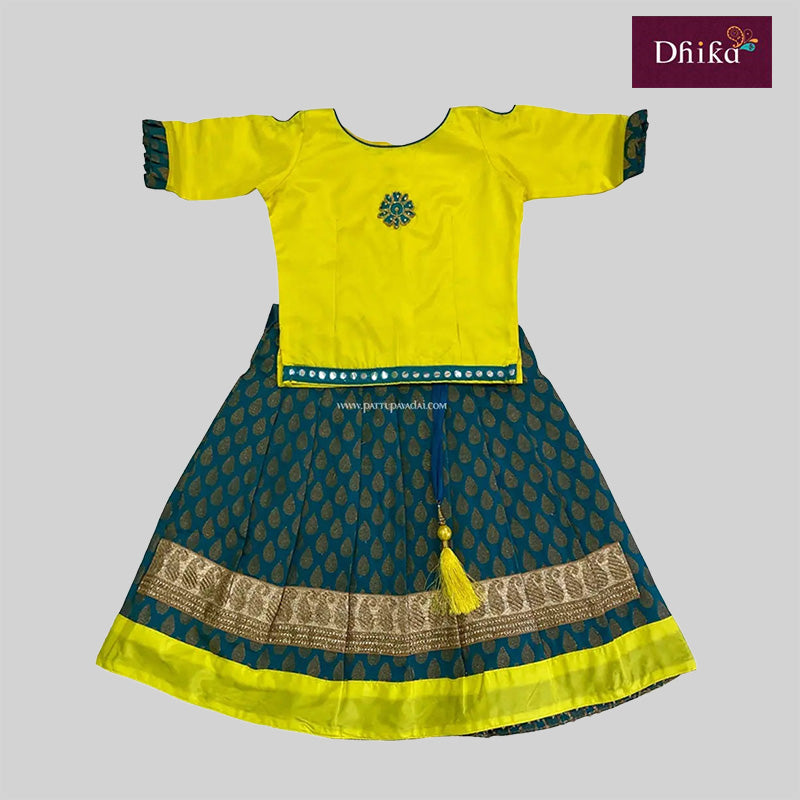 Rama Green and Yellow Fancy Langa – Brocade Pavadai Langa Set for Kids