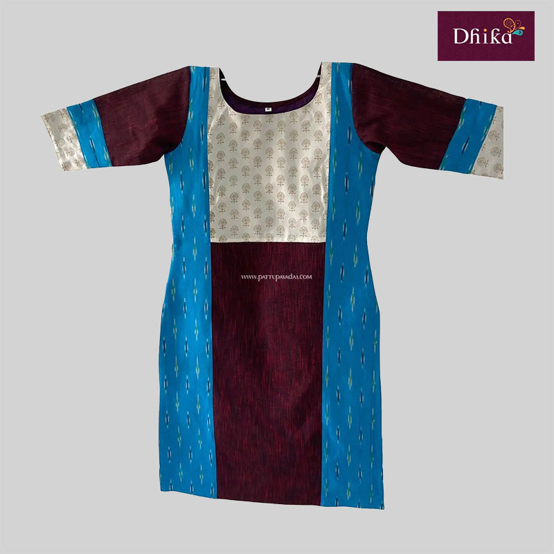 Maroon & Blue Cotton Kurti – Printed Ikkat Design with Soft Cotton Lining