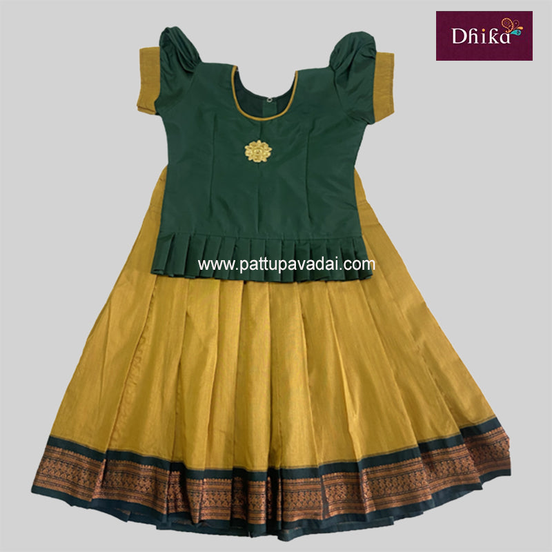 Kalyani Cotton Pavadai Sattai Golden and Dark Green - Pattupavadai.com