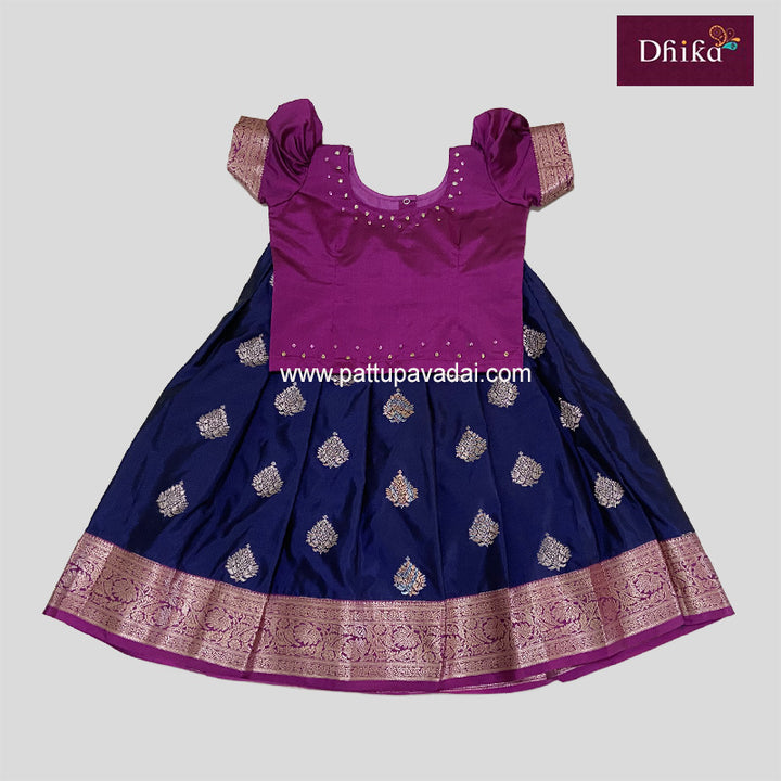 Soft Silk Pavadai Navy Blue with Magenta