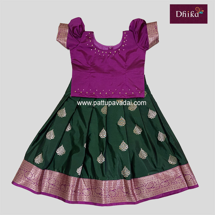 Soft Silk Pavadai Dark Green with Magenta