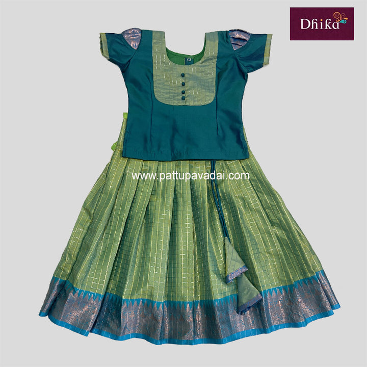 Semi Silk Pattu Pavadai Mint Green with Peacock Blue