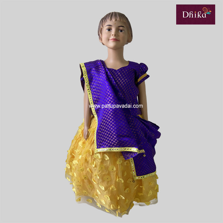 Netted Yellow and Violet Lehenga – Traditional Flared Lehenga Set for Kids