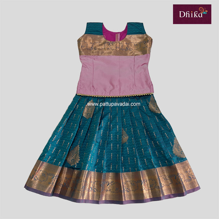 Baby Pink and Peacock Blue Silk Pavadai | Kids Traditional Festive Wear Online