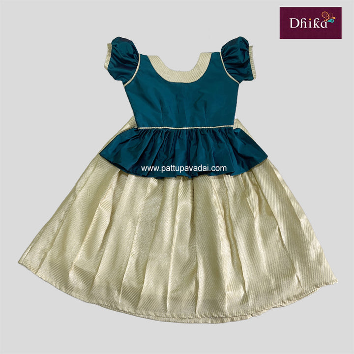 Cream and Peacock Blue Silk Cotton Pavadai Set – Traditional Ethnic Wear for Kids