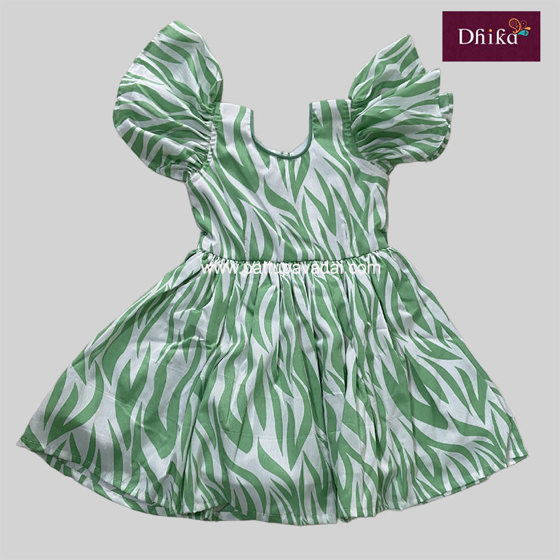 Pastel green soft georgette frock with a leaf pattern, featuring short puffed sleeves and a knee-length skirt.