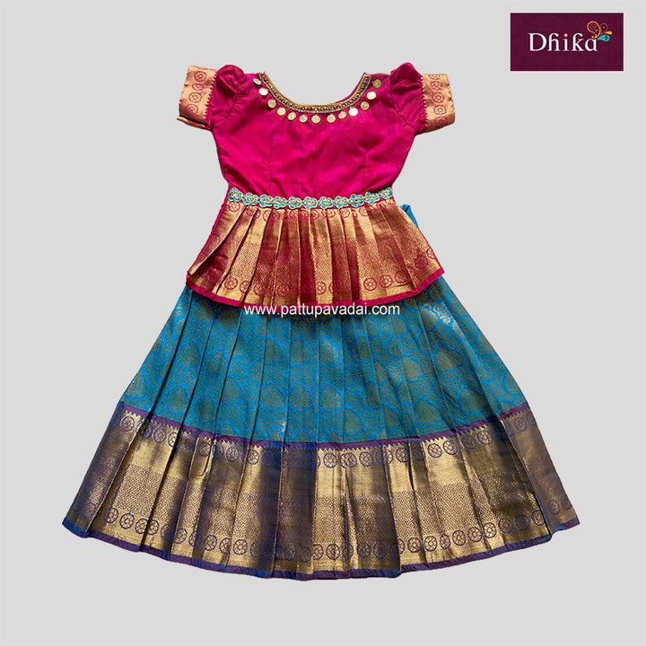 Sky Blue and Dark Pink Semi Silk Pavadai