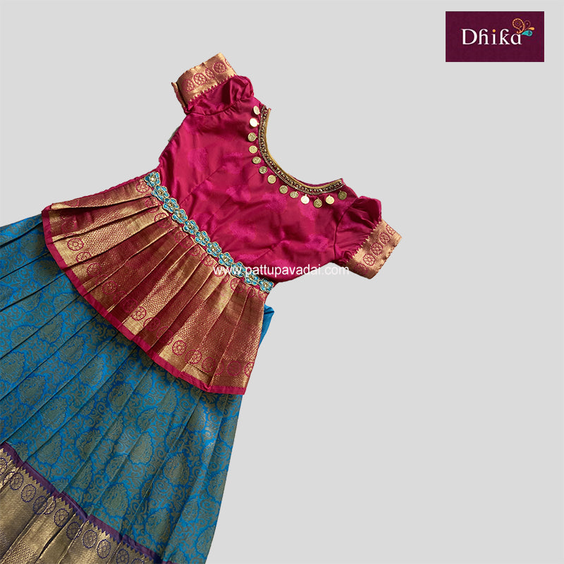 Sky Blue and Dark Pink Semi Silk Pavadai