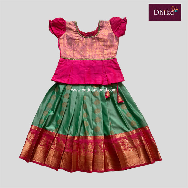 Semi Kanchi Pattu Pavadai Pastel Green and Pink