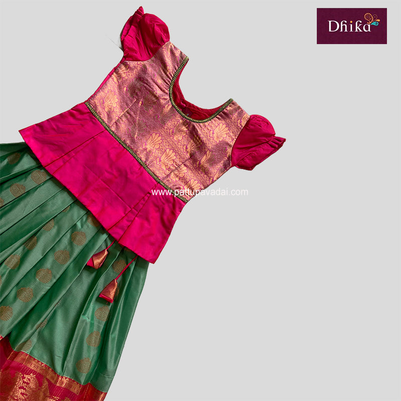 Semi Kanchi Pattu Pavadai Pastel Green and Pink