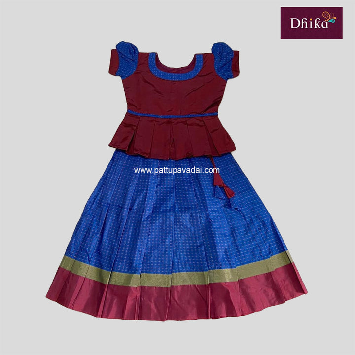Blue and Maroon Silk Cotton Pavadai – Traditional Festive Skirt Set for Girls