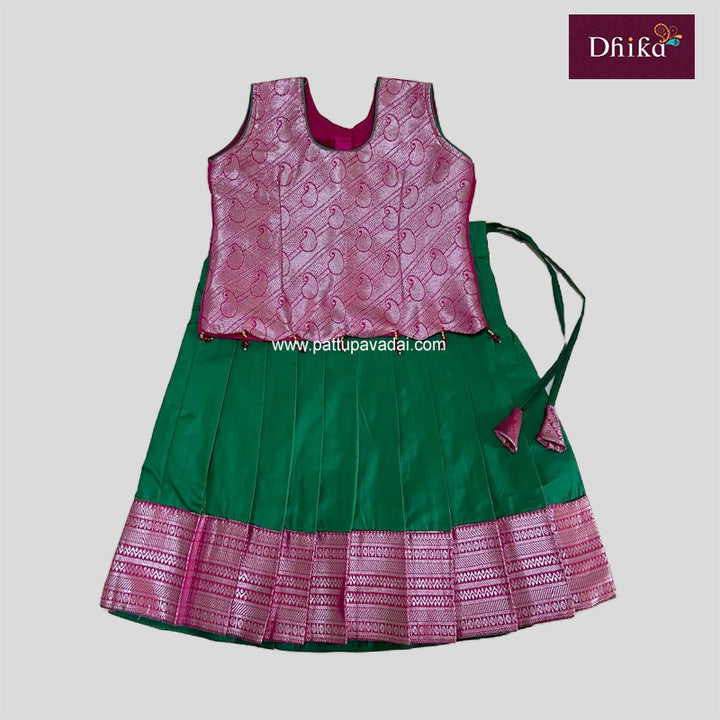Kids Soft Silk Pattu Pavadai – Green & Pink Traditional South Indian Dress