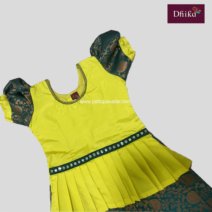 Kids Semi Silk Pattu Pavadai – Dark Green & Yellow Traditional Dress for Girls