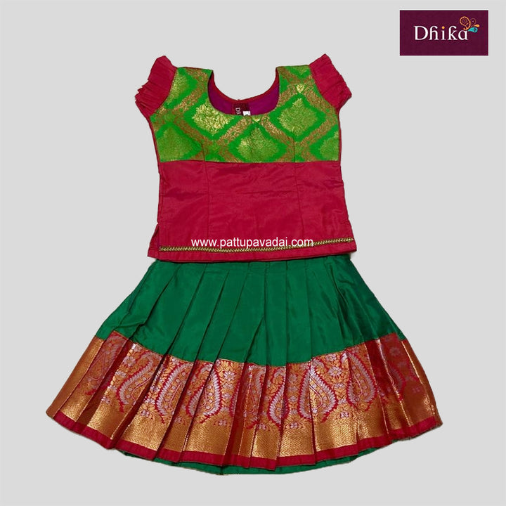 Kids Soft Silk Pattu Pavadai – Red & Green Traditional Dress for Girls