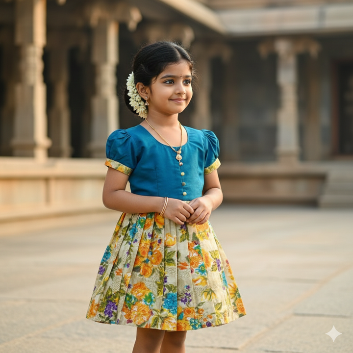 Rama Green & Off White Cotton Frock for Girls & Kids – Comfortable Casual & Party Dress