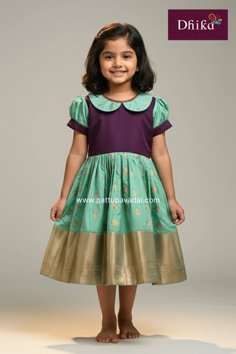 5Y-PistaGreen_BrownSoftSilkFrockforGirls_Kids_StylishParty_FestiveDress