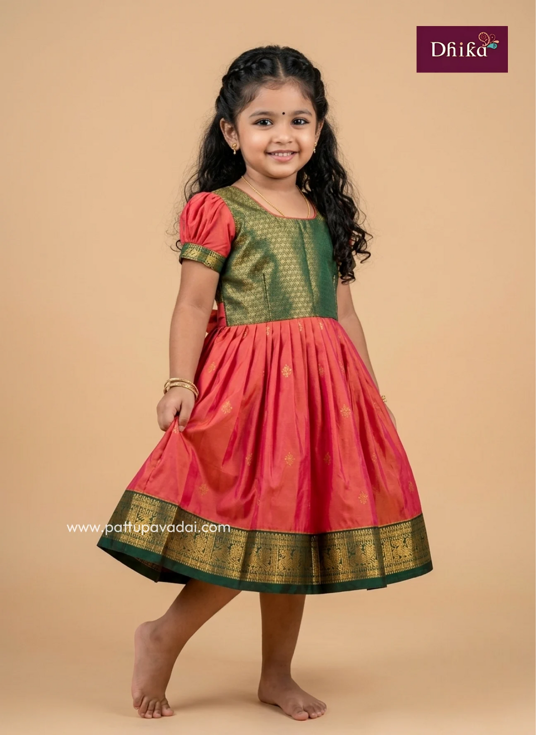 apricot orange and green semi kanchi frock for girls