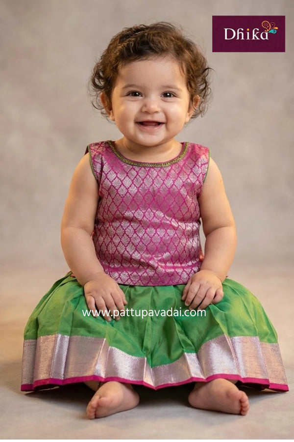 art silk pavadai magenta and green kids traditional pattu pavadai set with silver zari work and cotton lining available online at pattupavadai.com