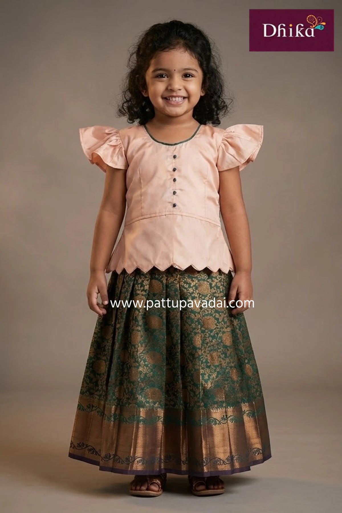 Art Silk Pavadai Peach and Peacock Green – Traditional Ethnic Skirt Set for Kids