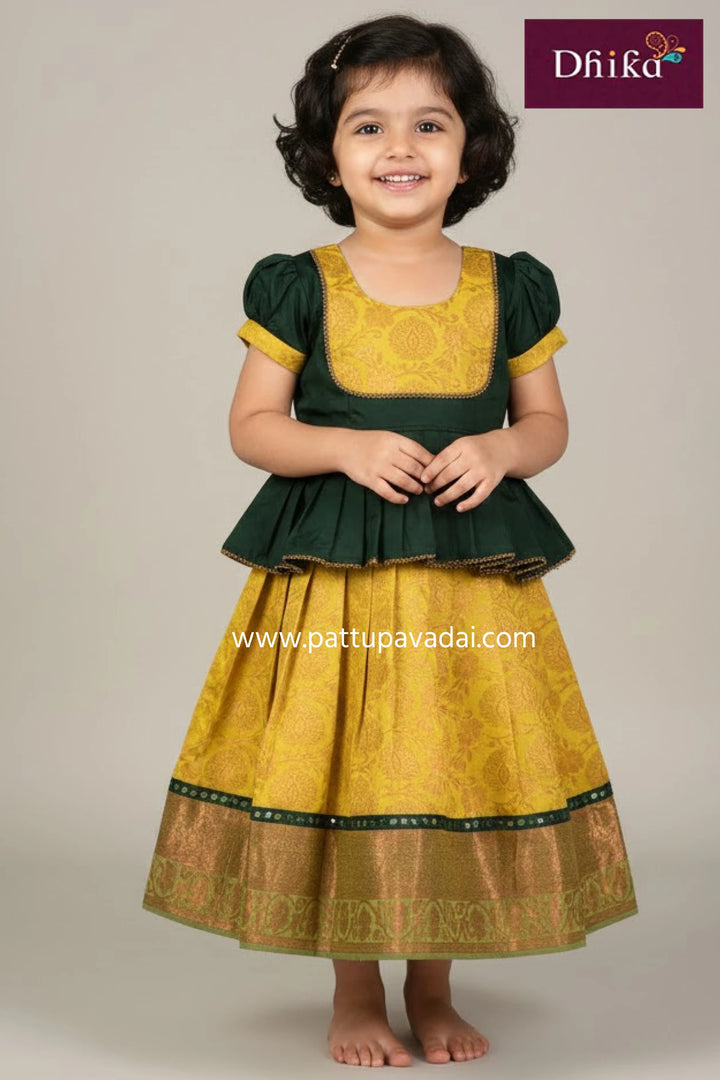 Art Silk Pavadai Yellow and Green – Peplum Style Traditional Skirt Set for Girls