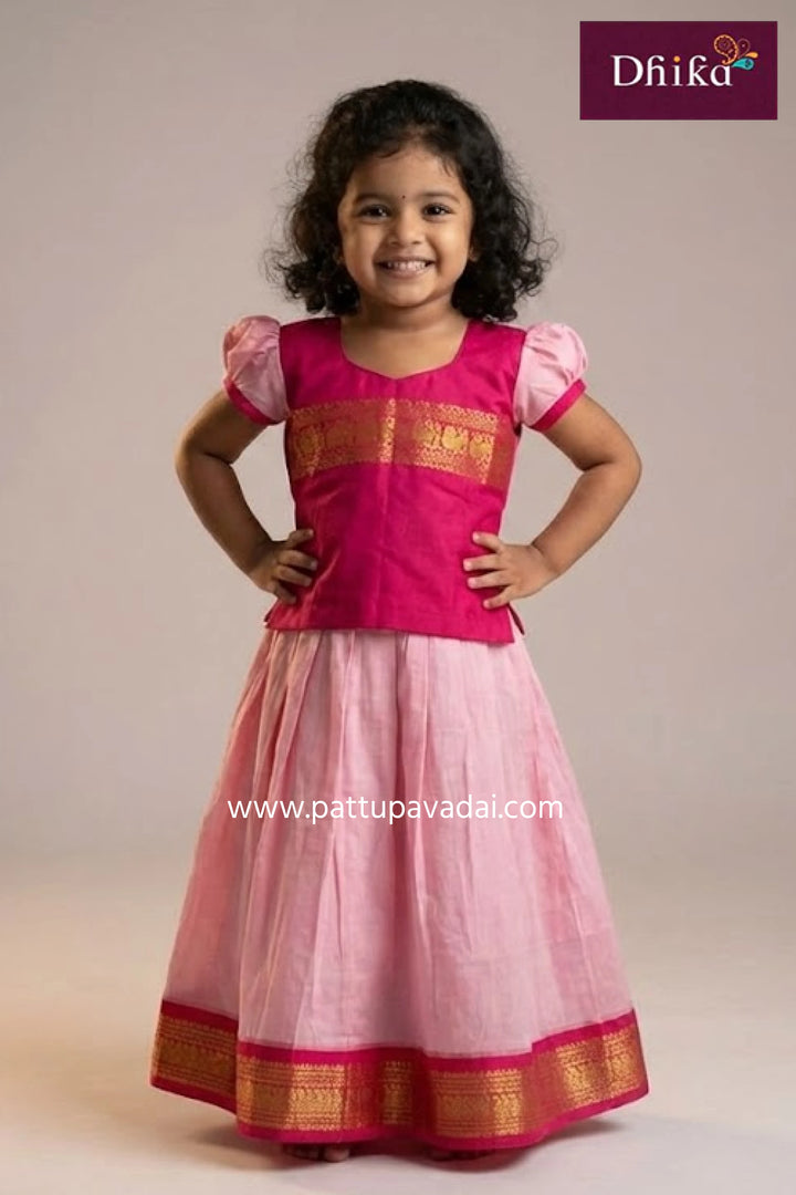 kids baby pink and dark pink cotton pavadai girls traditional flared skirt set with soft cotton inner lining available online