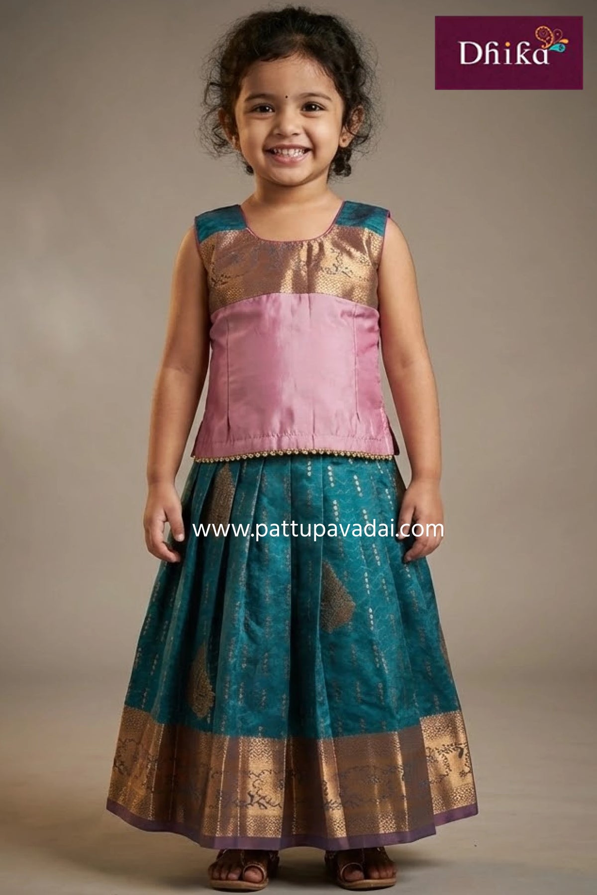 Baby Pink and Peacock Blue Silk Pavadai | Kids Traditional Festive Wear Online