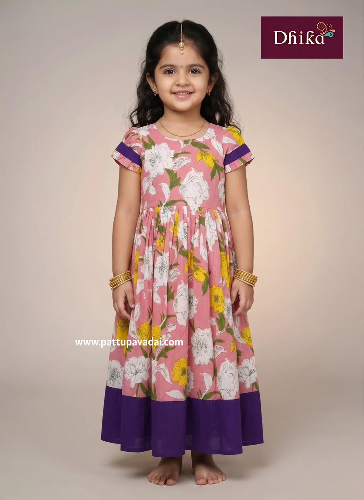 baby pink and violet soft cotton long gown for kids breathable lightweight cotton long dress for daily and night wear