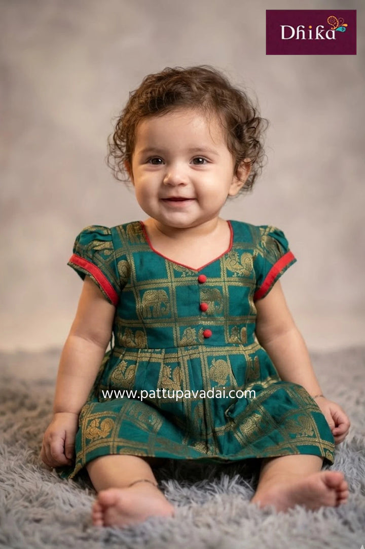 rama green banarasi frock for kids premium traditional wear
