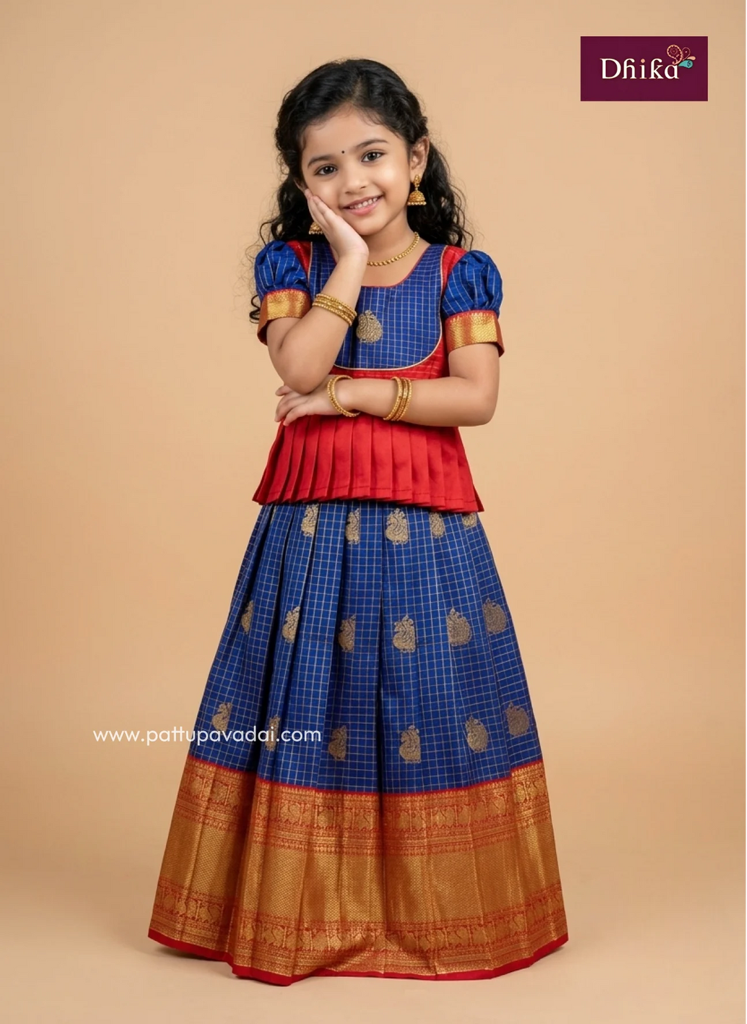 Blue and red Semi Kanchipuram silk traditional pavadai for girls