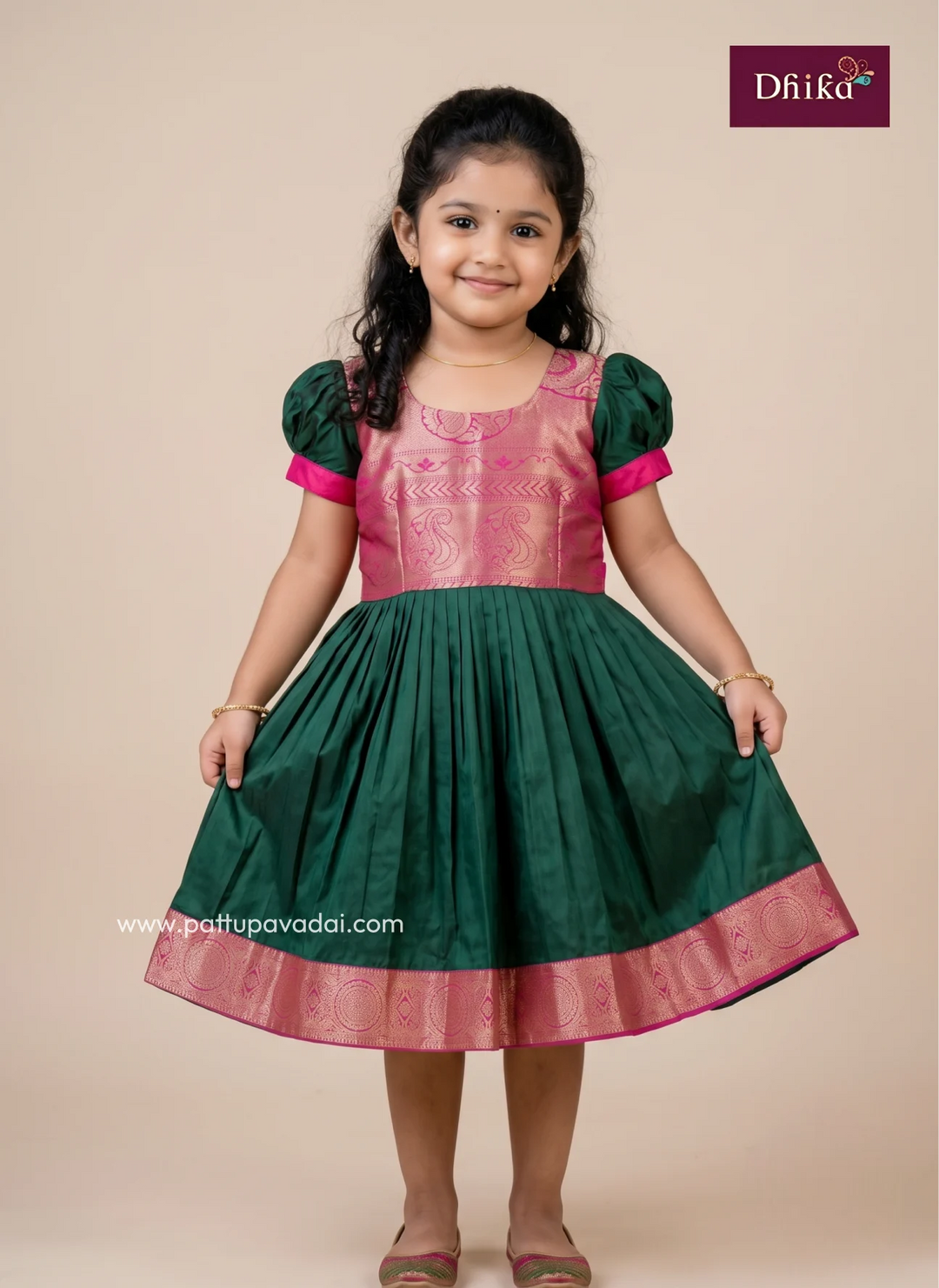 Kids bottle green and pink soft silk frock for festive occasions