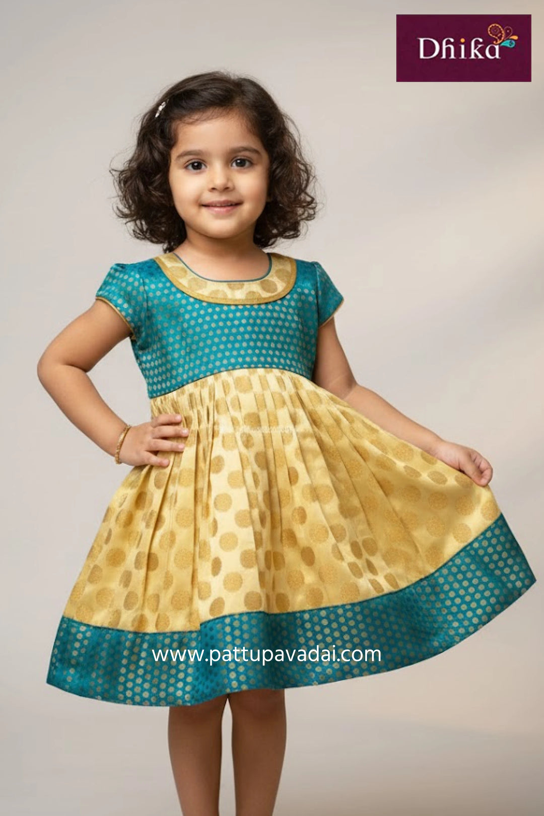 kids cream and rama green brocade frock traditional silk gown with zari woven design and soft inner lining