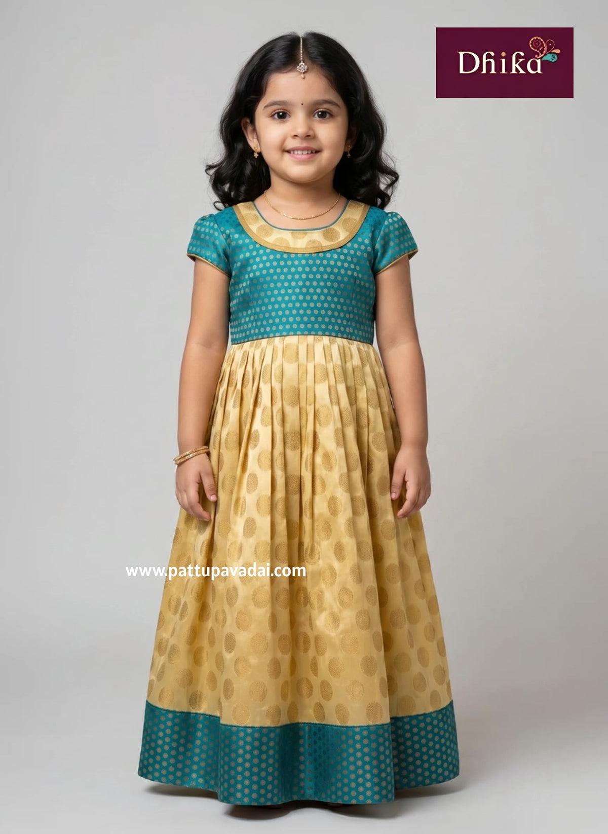kids cream and rama green brocade frock traditional silk gown with zari woven design and soft inner lining