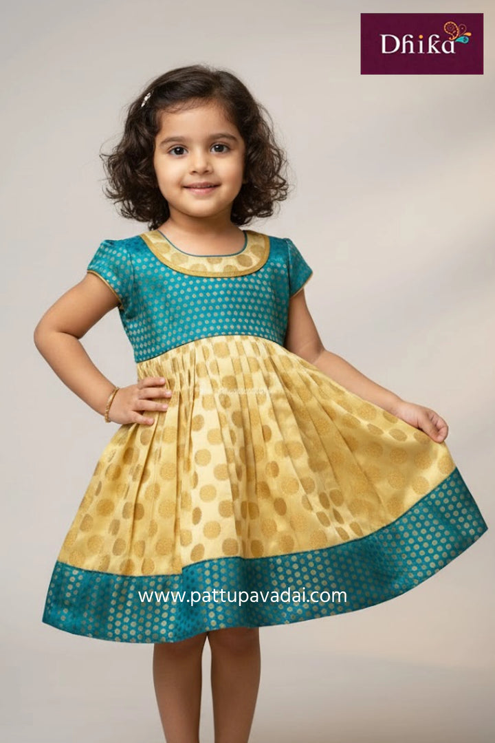 kids cream and rama green brocade frock traditional silk gown with zari woven design and soft inner lining