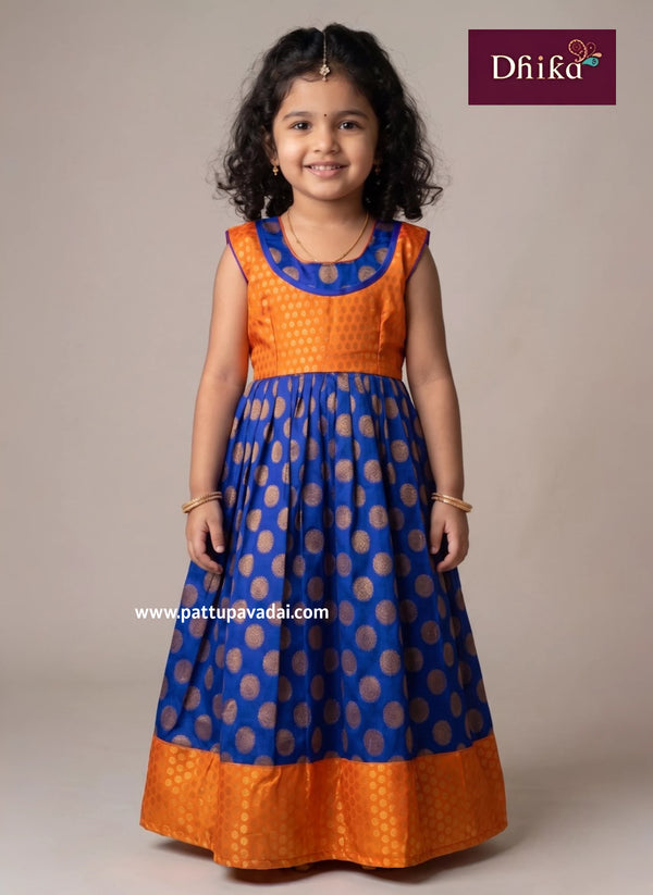 kids orange and blue brocade frock traditional zari woven silk frock