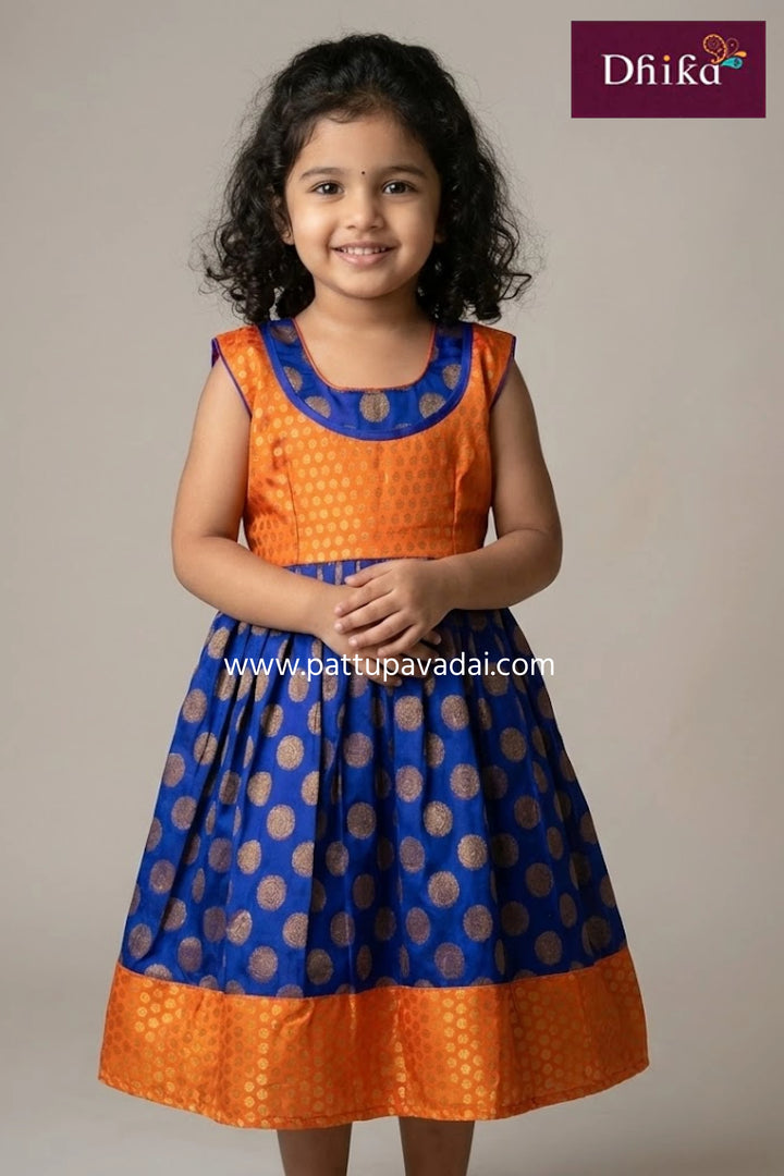 kids orange and blue brocade frock traditional zari woven silk frock