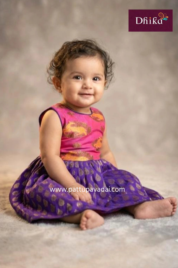 kids pink and violet brocade pattu frock with golden zari handwork and soft cotton lining available online at pattupavadai.com