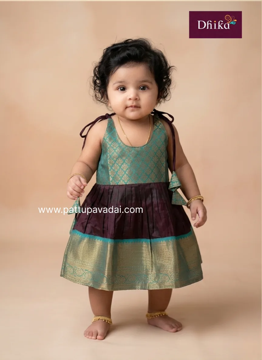 brown green silk knot frock for girls kids party wear dress
