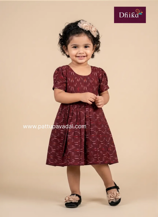 brown ikkat cotton frock for girls traditional printed kids casual dress
