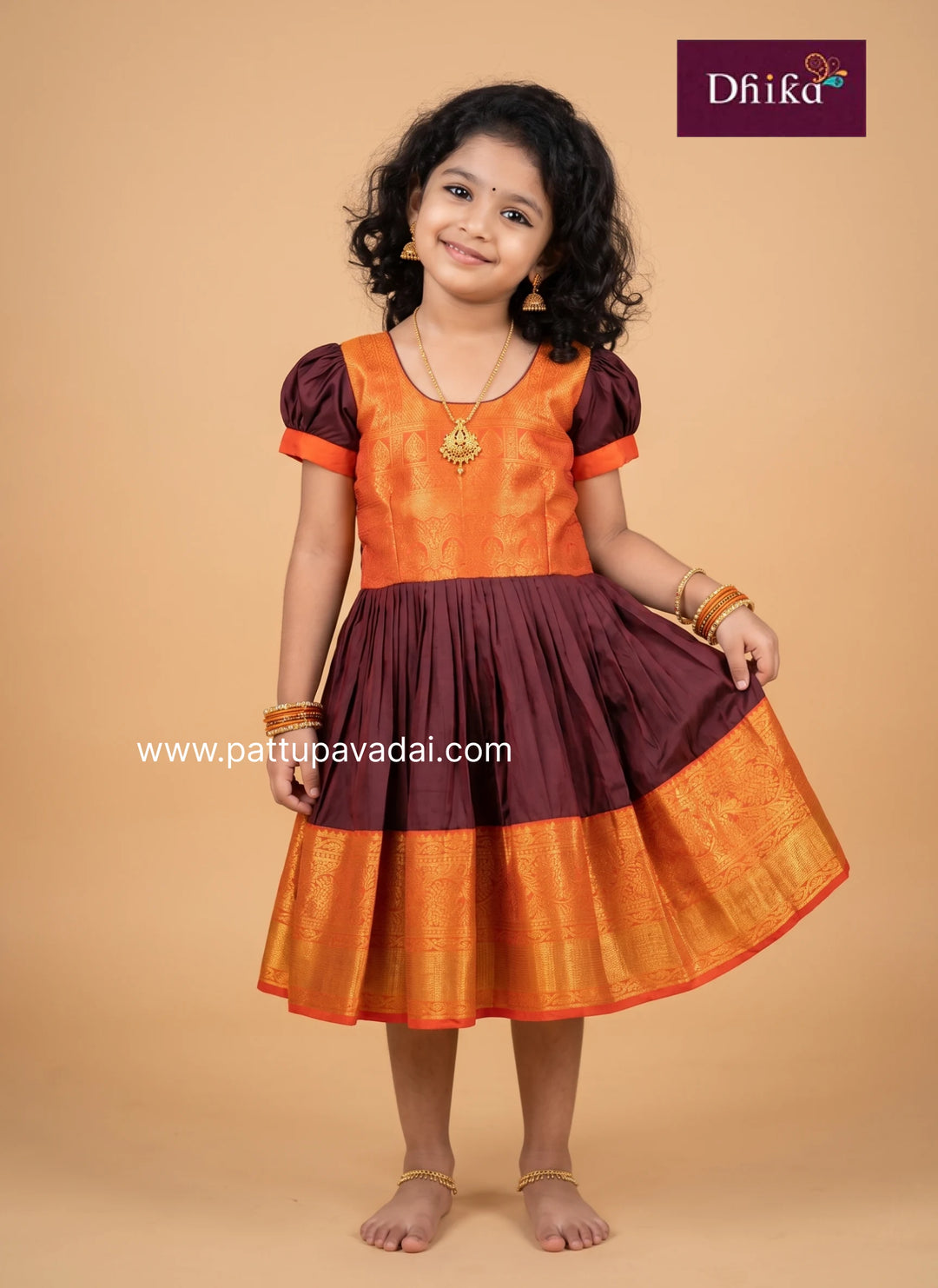 brown and orange semi silk frock for girls