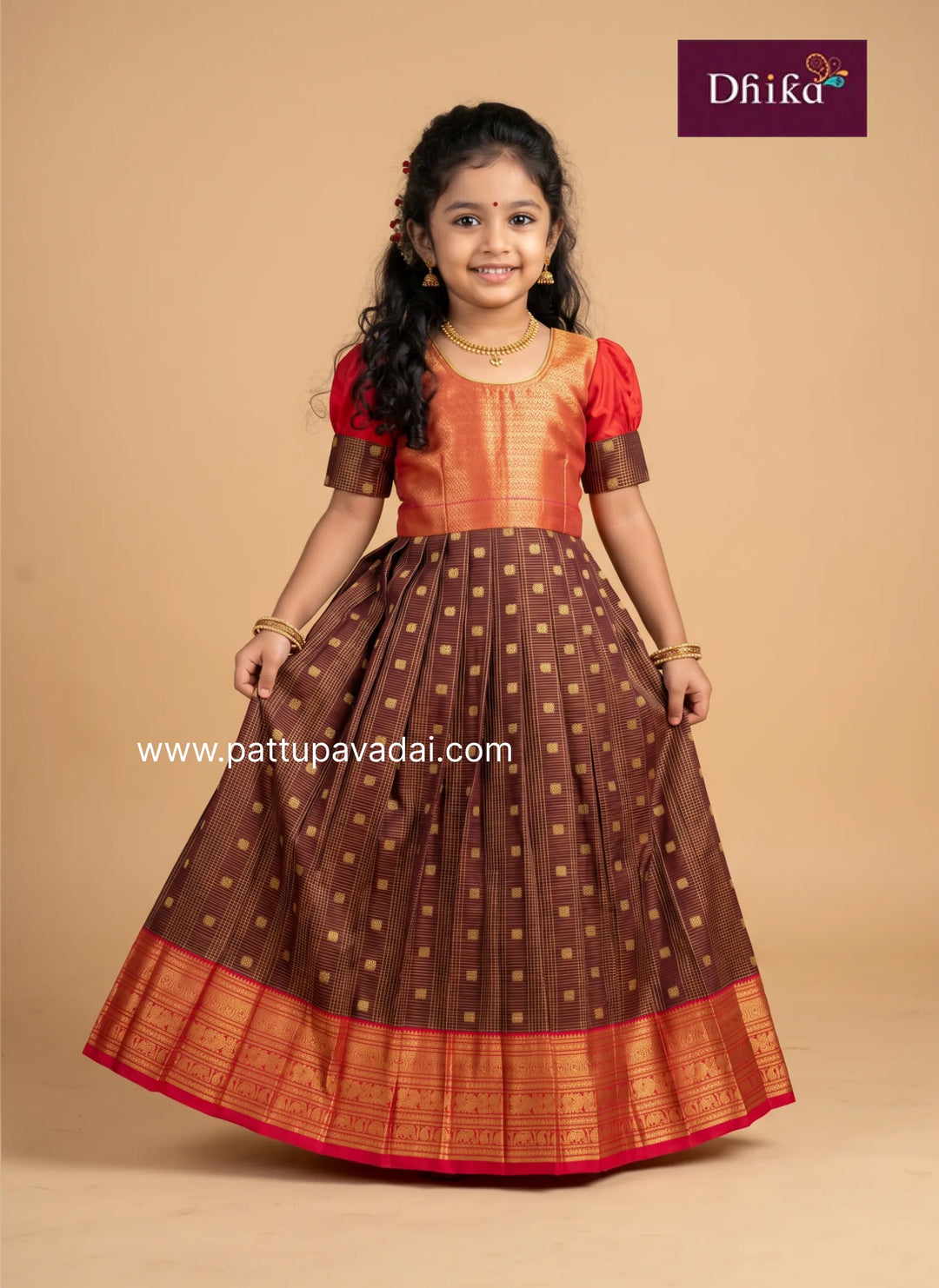 brown and red pure silk long gown showing the two-colour combination