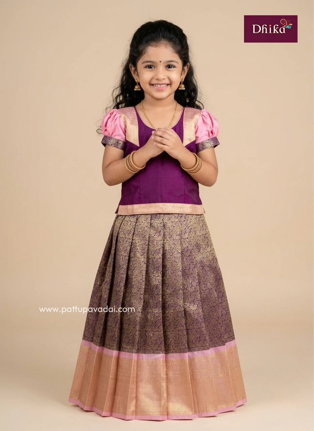 burgundy and baby pink semi kanchi pattu pavadai for girls