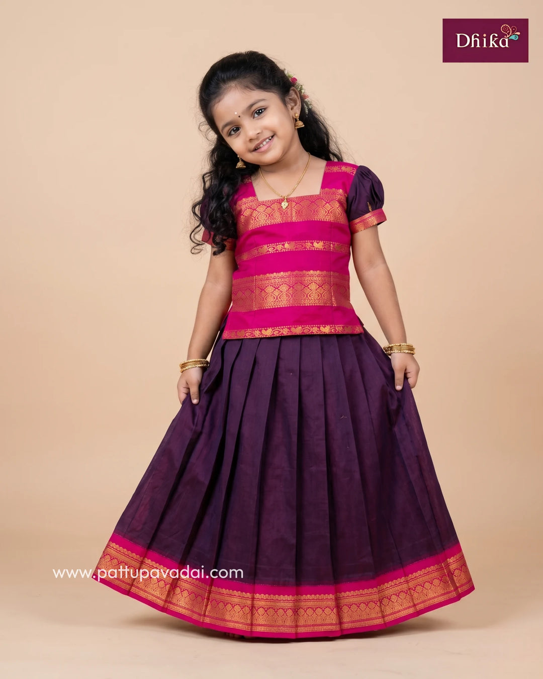 burgundy and pink cotton pattu pavadai for girls