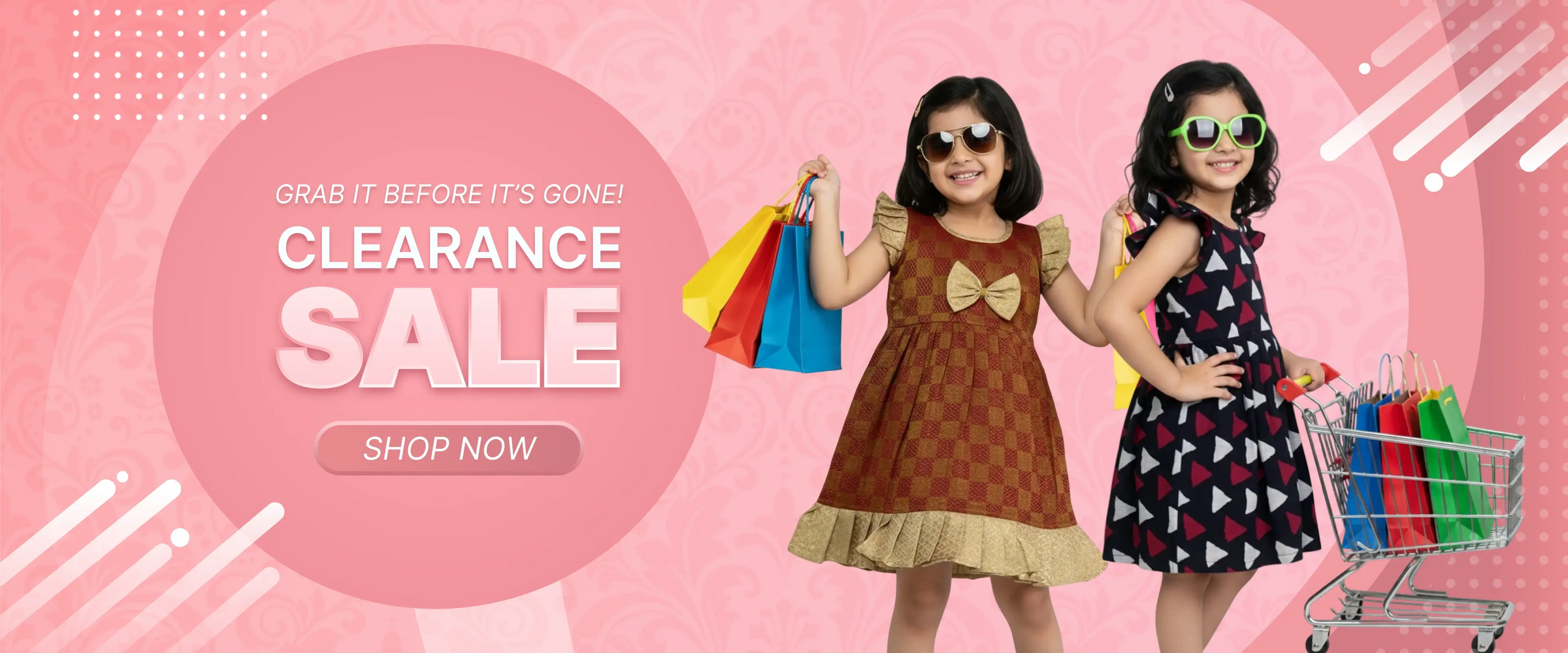 Two young girls in patterned dresses holding shopping bags with a clearance sale banner on a pink background.