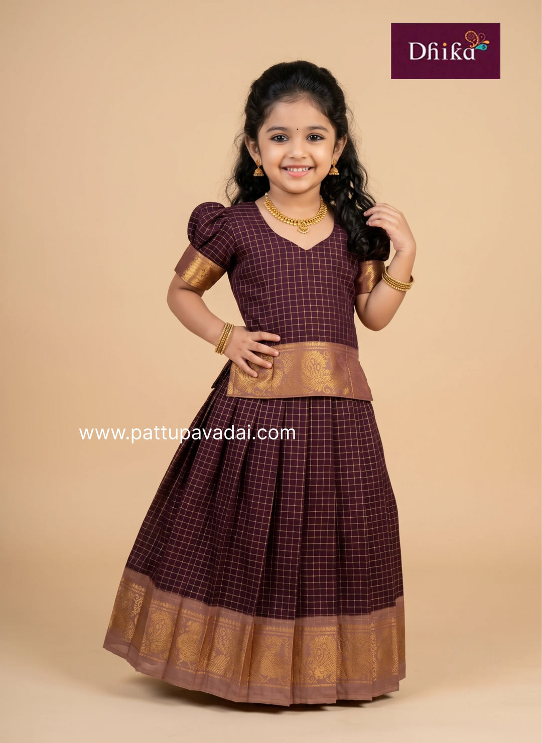 Girls coffee brown checked cotton pattu pavadai traditional outfit