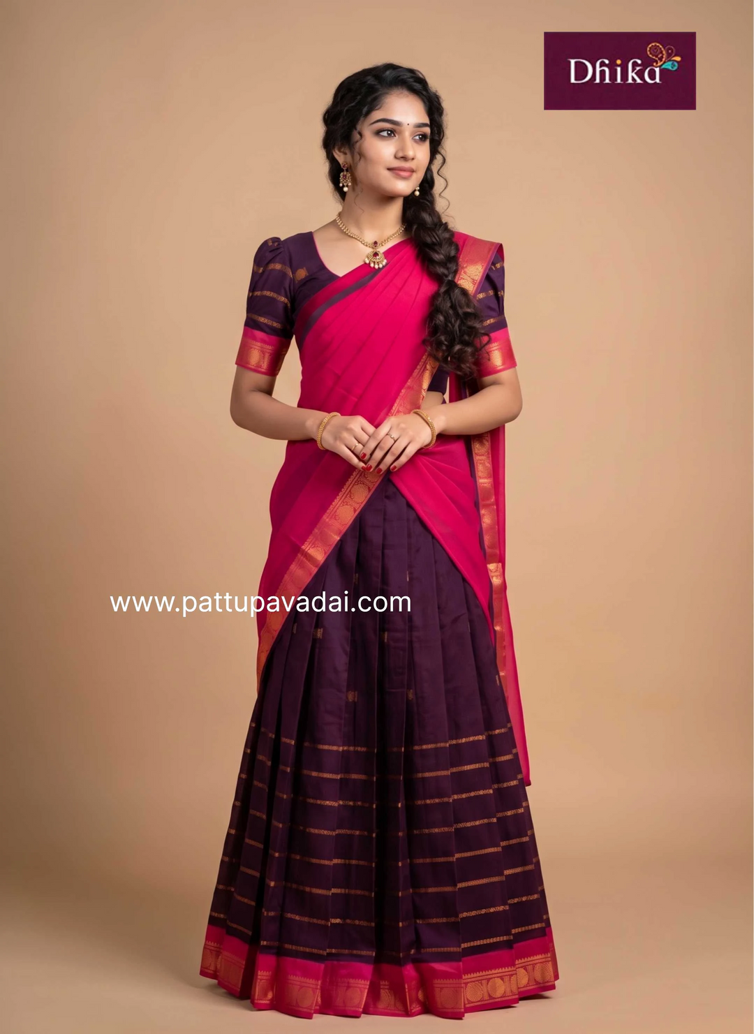 Coffee brown and pink traditional cotton half saree outfit for girls